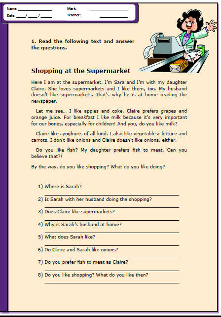 Shopping at the Supermarket Reading Comprehension Worksheet