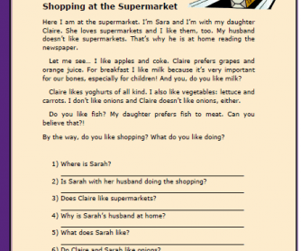 Shopping at the Supermarket Reading Comprehension Worksheet
