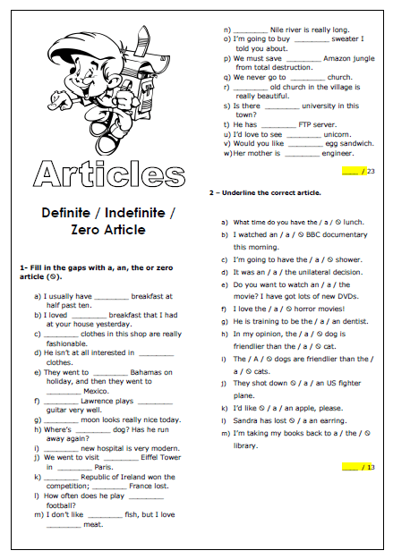 Definite Indefinite And Zero Article Worksheet