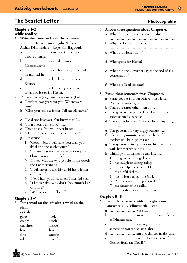 Worksheets For The Scarlet Letter