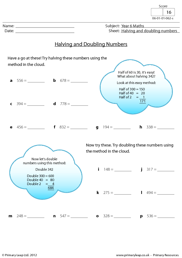 worksheets maths 4 grade for revision Maths Numbers Halving : and Resource Doubling