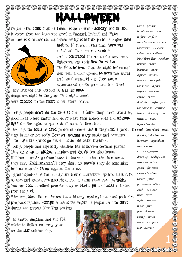 Halloween Worksheet. History and Games for French Students