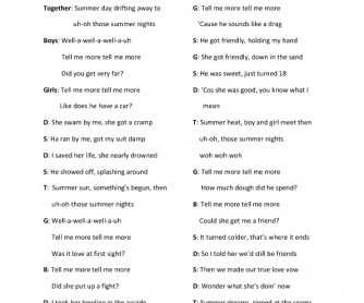 Song Worksheet:Summer Nights (from Grease)