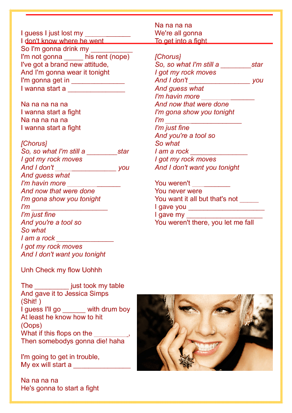 Song Worksheet So What By Pink