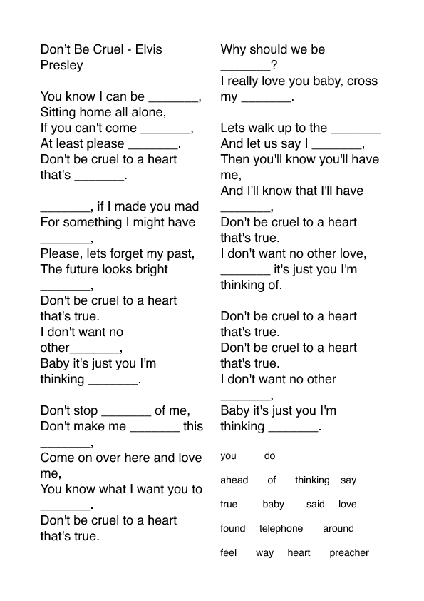 Song Worksheet: Don't Be Cruel by Elvis Presley