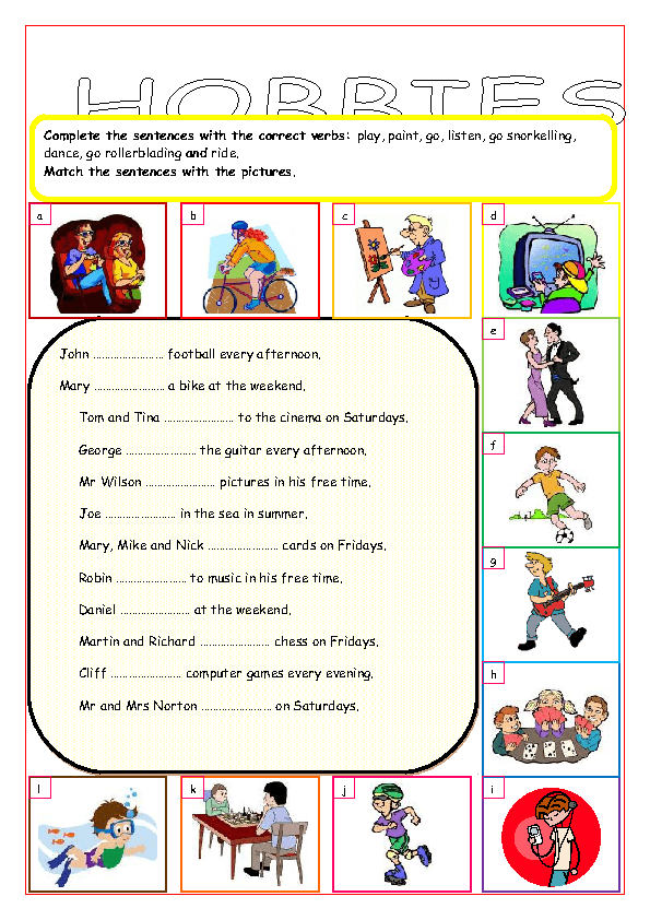 Match the sentences with the pictures. Упражнения на тему хобби на английском. Хобби на английском задания. Задания по английскому на тему хобби. Задания на тему Hobbies.