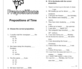 Prepositions of Time Intermediate Worksheet