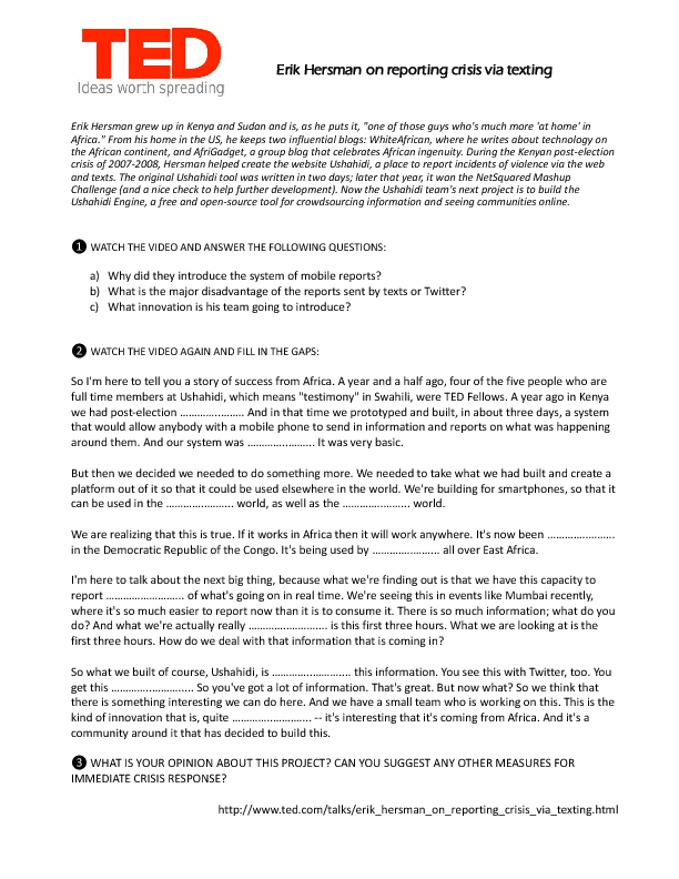 Movie Worksheet: TED - Reporting Crisis via Texting