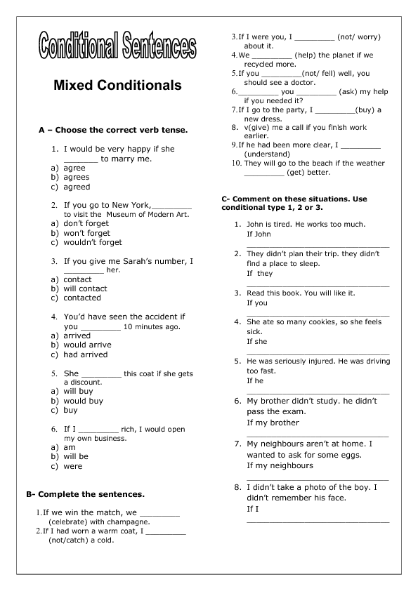 Mixed Conditional Sentences Worksheet