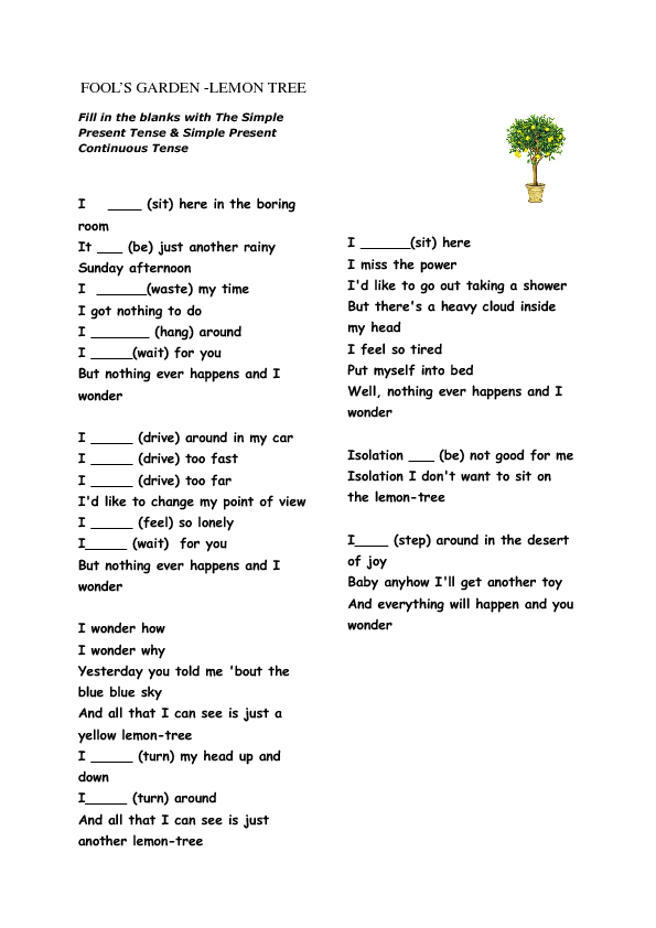 song-worksheet-lemon-tree-present-simple-continuous