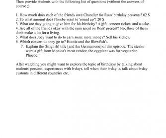 Movie Worksheet: Friends, Season 2, Episode 5 (Ross' B-Party)