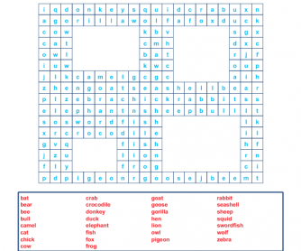 Animals Word Search Easy