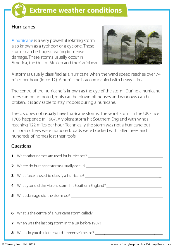 Hurricane Reading Comprehension Worksheet Free Printable