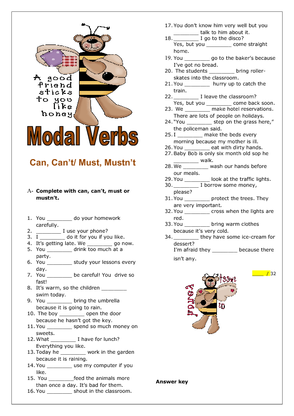 Can, Can’t / Must, Mustn't Elementary Worksheet