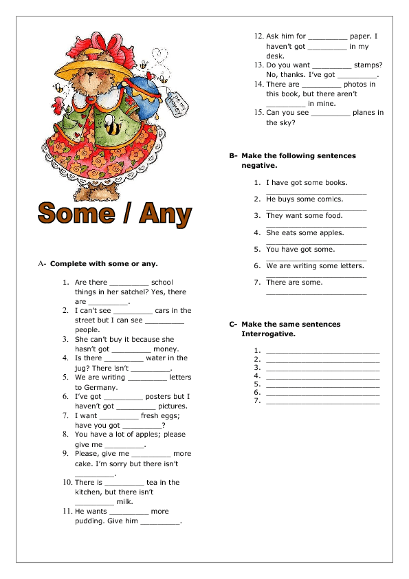 Some or Any? Elementary Worksheet