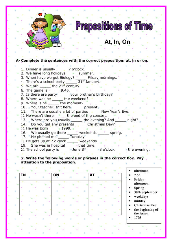 Preposition Of Time Worksheet For Class 6