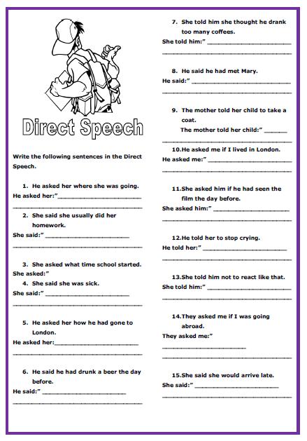 direct and indirect speech grade 5 worksheets