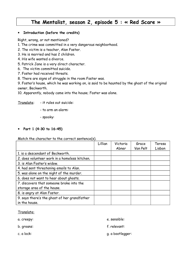 Movie Worksheet: The Mentalist, Season 2, Episode 5