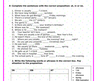 at in on prepositions of time elementary worksheet