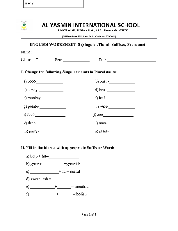 plurals and suffixes worksheet