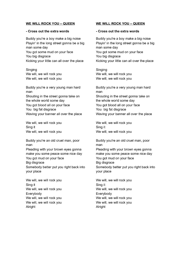 Song Worksheet We Will Rock You By Queen