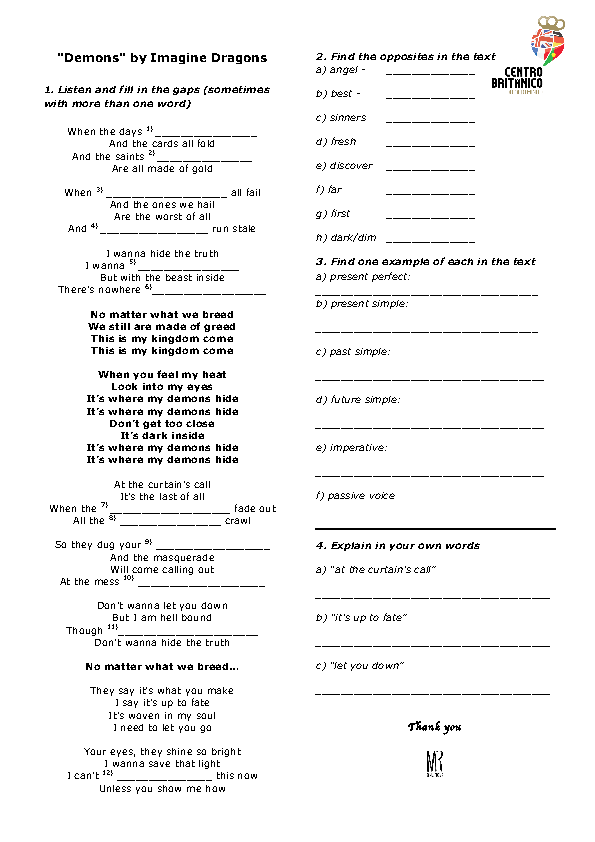 Текст песни my demons. Imagine Dragons Demons Worksheets. Imagine Song Worksheet. Imagine Dragons Worksheets. Imagine Dragons Thunder Worksheet.