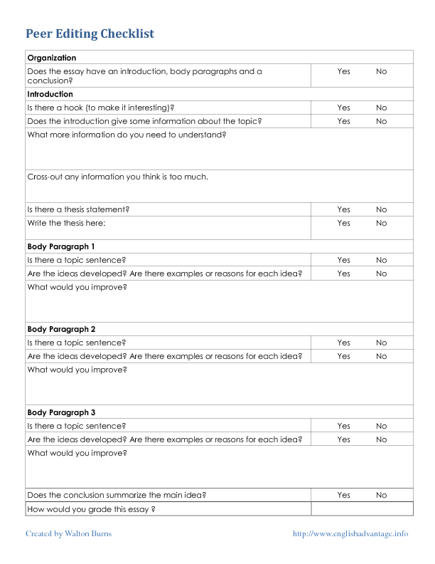 evaluation sheet speech english Peer Editing Advanced Worksheet