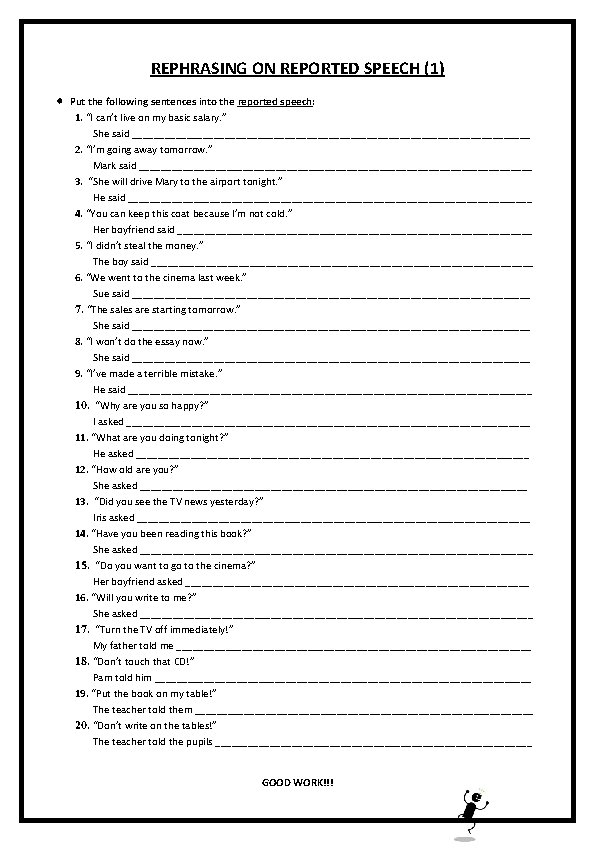 worksheet reported speech with answers