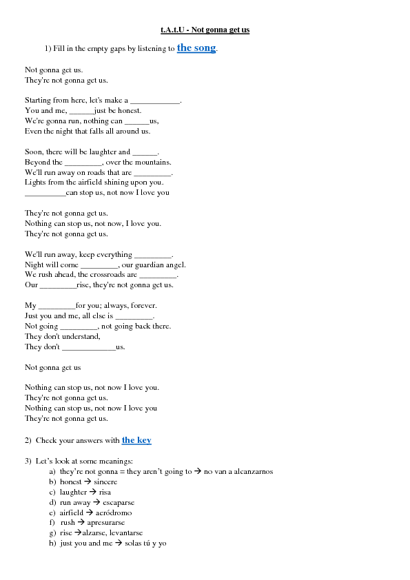 Song Worksheet: Not Gonna Get Us by T.A.T.U (for Spanish Speakers)