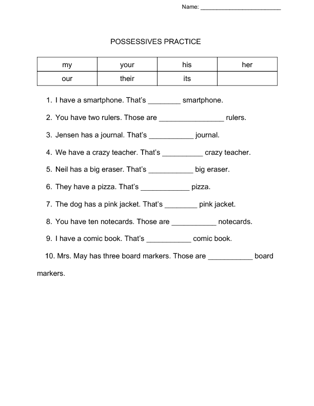Possessives Pronouns Practice