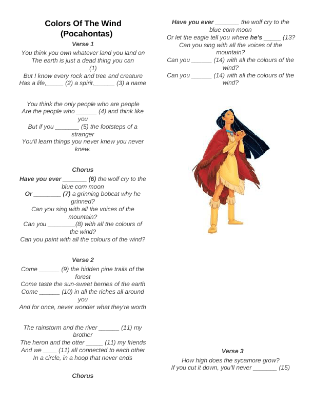 Worksheet Color Of The Wind Have You Ever - Paint With All The Colours Of Wind Pocahontas