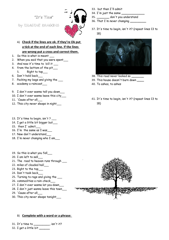Song Worksheet It S Time By Imagine Dragons