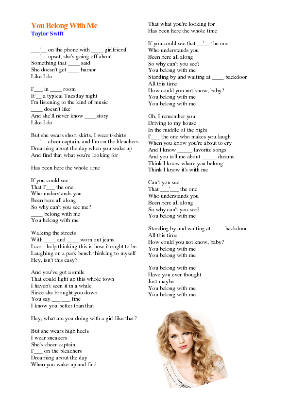 Song Worksheet You Belong With Me By Taylor Swift