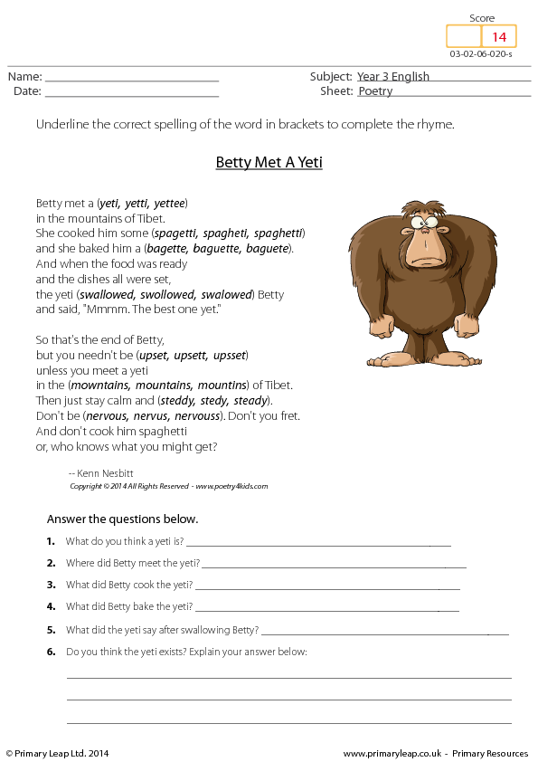 Reading Comprehension - Betty Met A Yeti