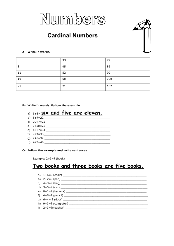 Cardinal Numbers Elementary Worksheet