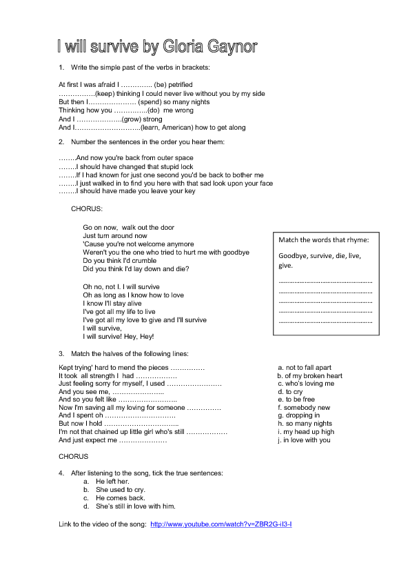 Song Worksheet: I Will Survive by Gloria Gaynor