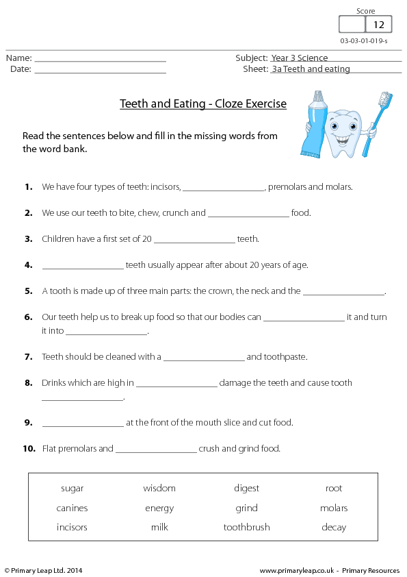 Read the sentences below. Cloze exercises. Fields of Science Worksheet. Teeth in English Worksheets. ESL Worksheets Tooth.