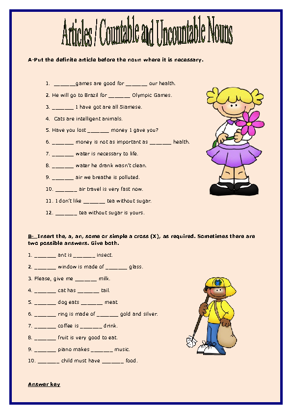 Articles / Countable and Uncountable Nouns Worksheet