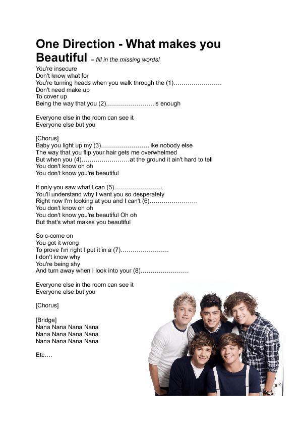 Song Worksheet: That's What Makes You Beautiful by One ...