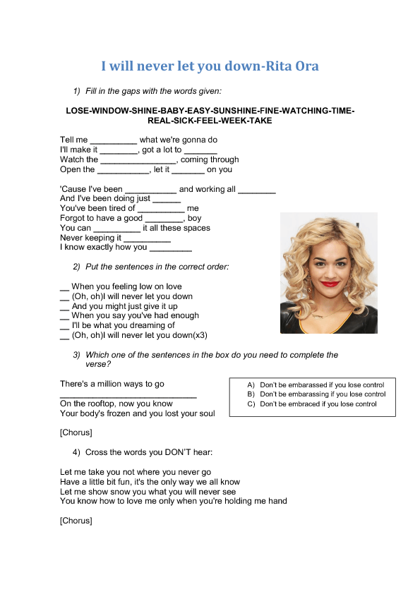Song Worksheet I Will Never Let You Down By Rita Ora