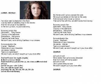 Song Worksheet: Royals by Lorde