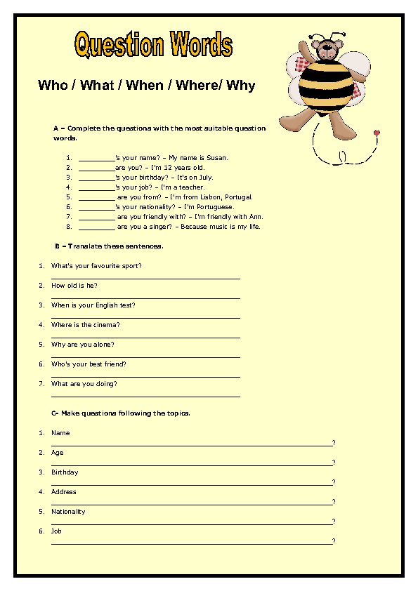 wh question words elementary worksheet ii