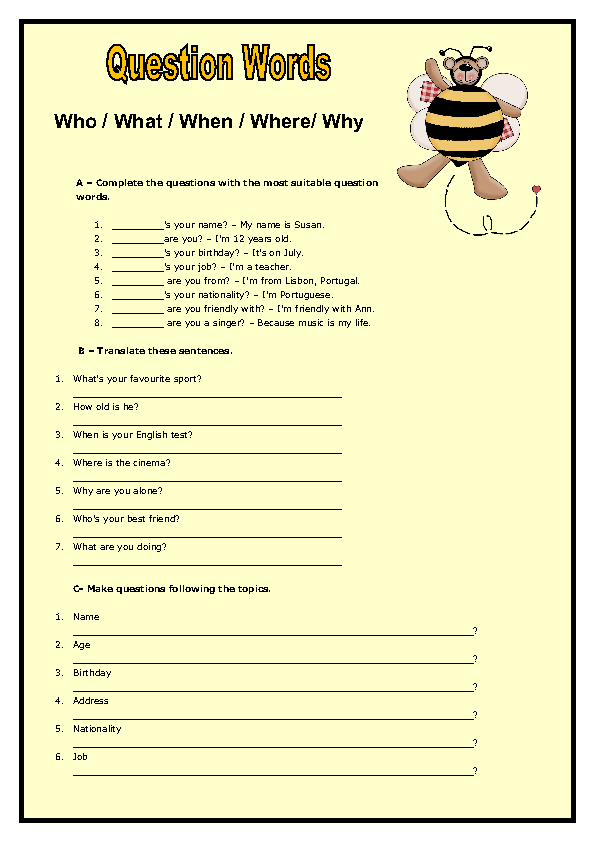 Wh- Question Words Elementary Worksheet II