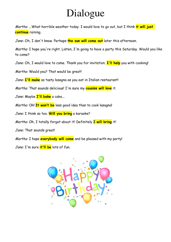 birthday french in worksheet (Future day B Simple) for Party Plans