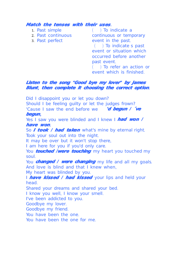 grammar 7 perfect english exercise Song Goodbye Tenses) Lover (Past My Worksheet: