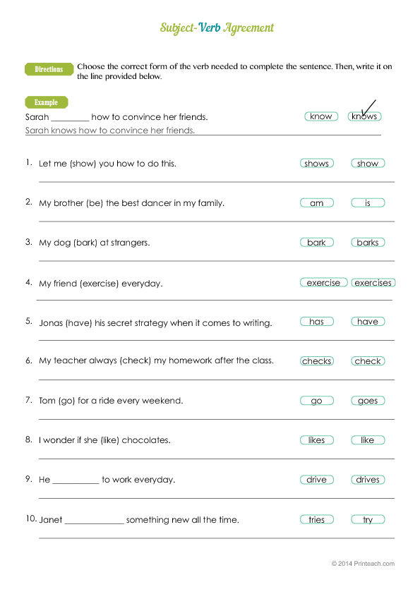 Esl Subject Verb Agreement Worksheets