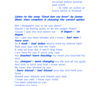 Song Worksheet: Goodbye My Lover (Past Tenses)