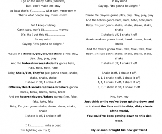 Song Worksheet: Shake It Off by Taylor Swift