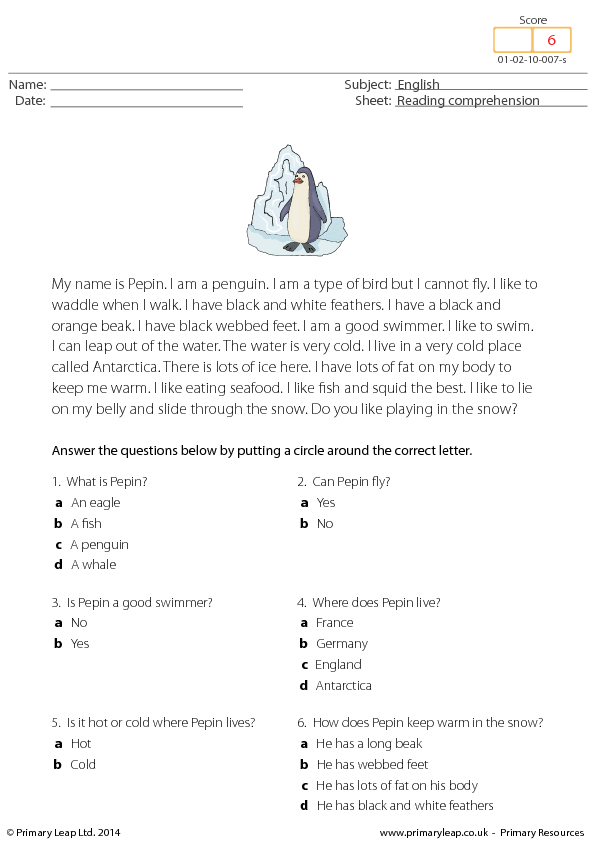 Pepin The Penguin Reading Comprehension
