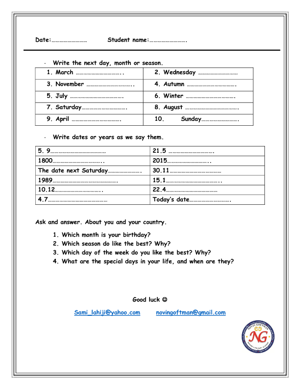 exercise english months days and of Week 108 FREE Worksheets The Months/Days